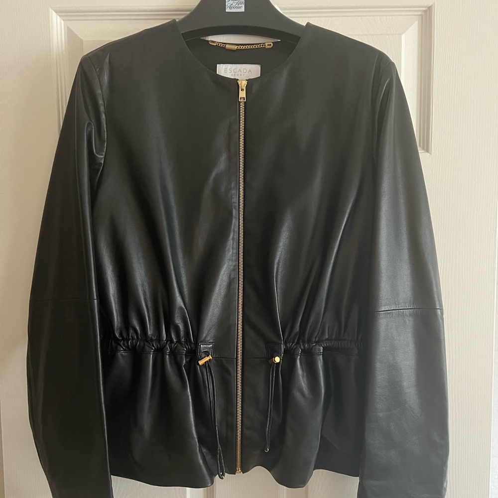 Escada black lamb skin leather cinched waist jacket